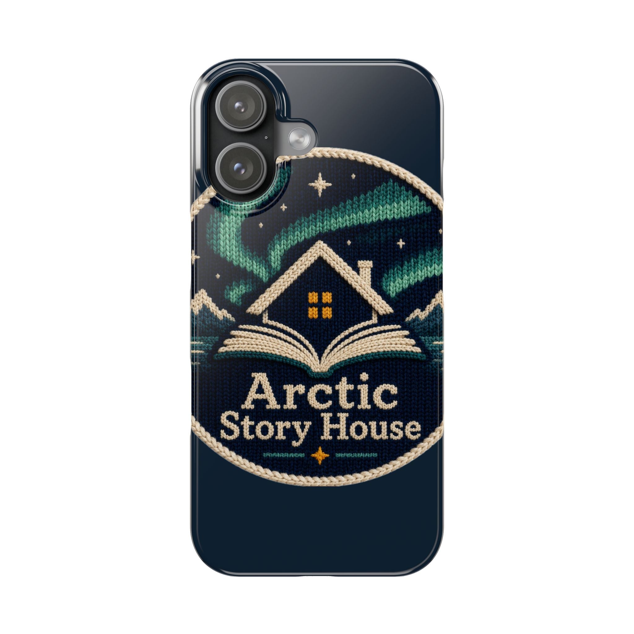 Arctic Story House Slim Phone Case — Northern Lights Cozy Cabin Design