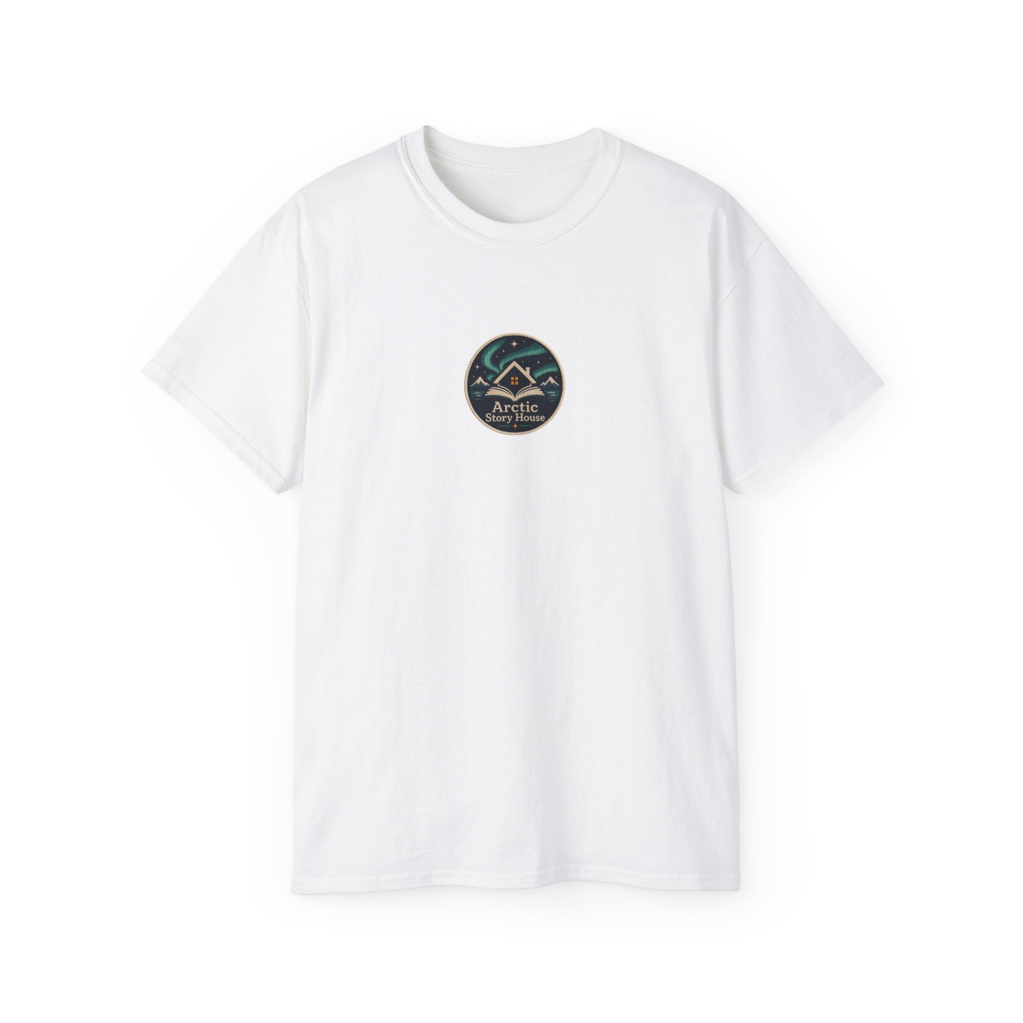 Arctic Story House T-Shirt — Northern Lights Cabin Badge Tee