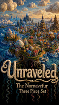 Unraveled — The Nornavefur Three Piece Set: a fully illustrated fantasy trilogy cover showing a knitted village island beneath crocheted clouds