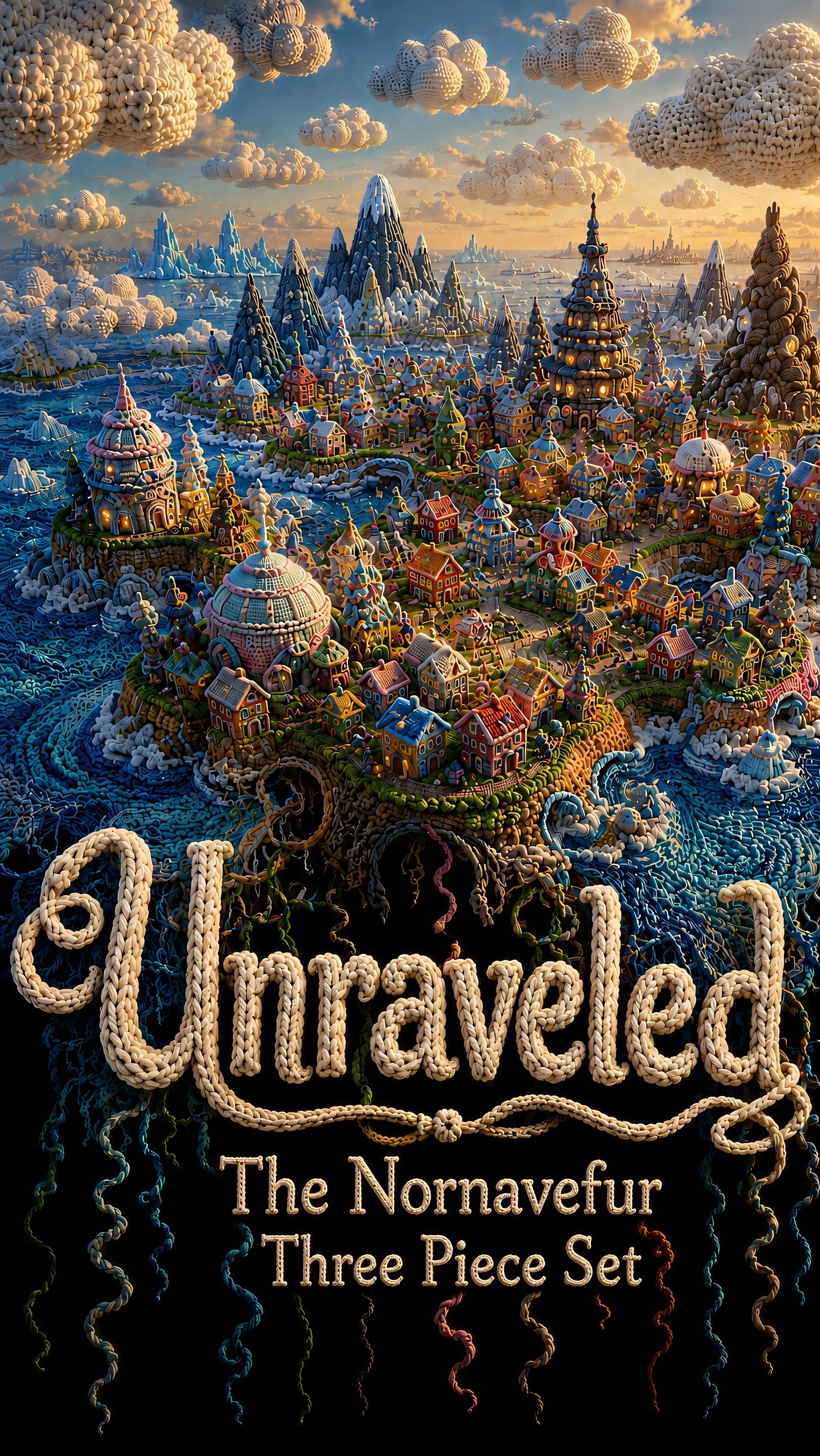 Unraveled — The Nornavefur Three Piece Set: a fully illustrated fantasy trilogy cover showing a knitted village island beneath crocheted clouds